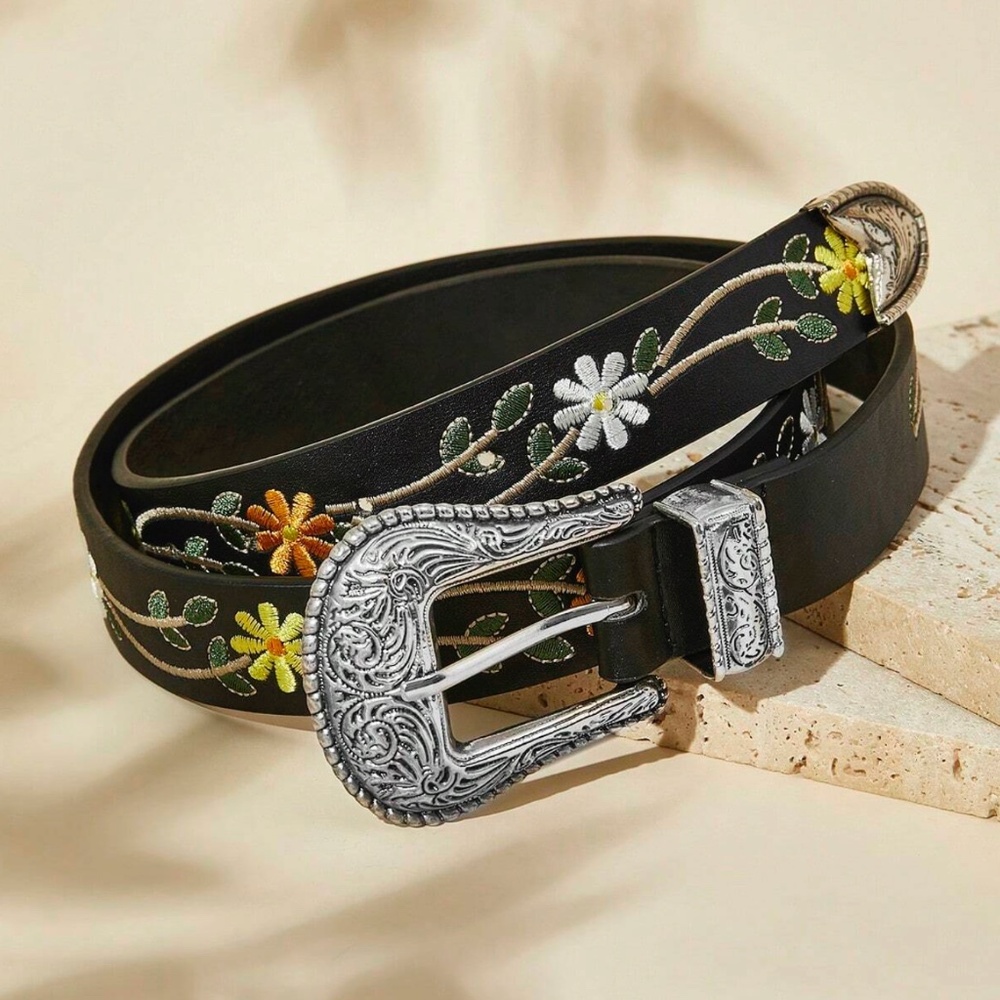 Western Vegan Leather Embroidered Floral Silver Tone Buckle Belt